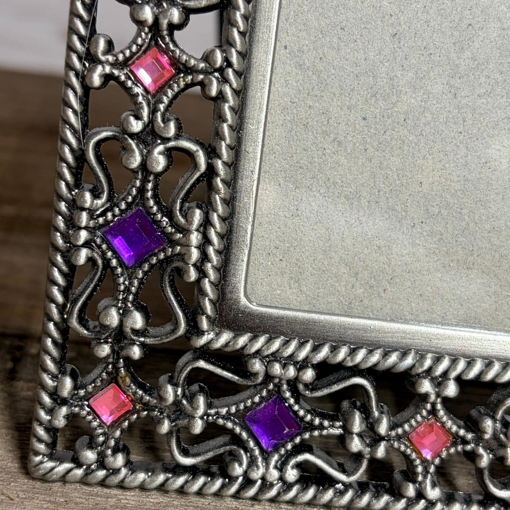 Pewter Tone Filigree Metal Photo Frame with Pink and Purple Jewels 4x6 Glam Goth